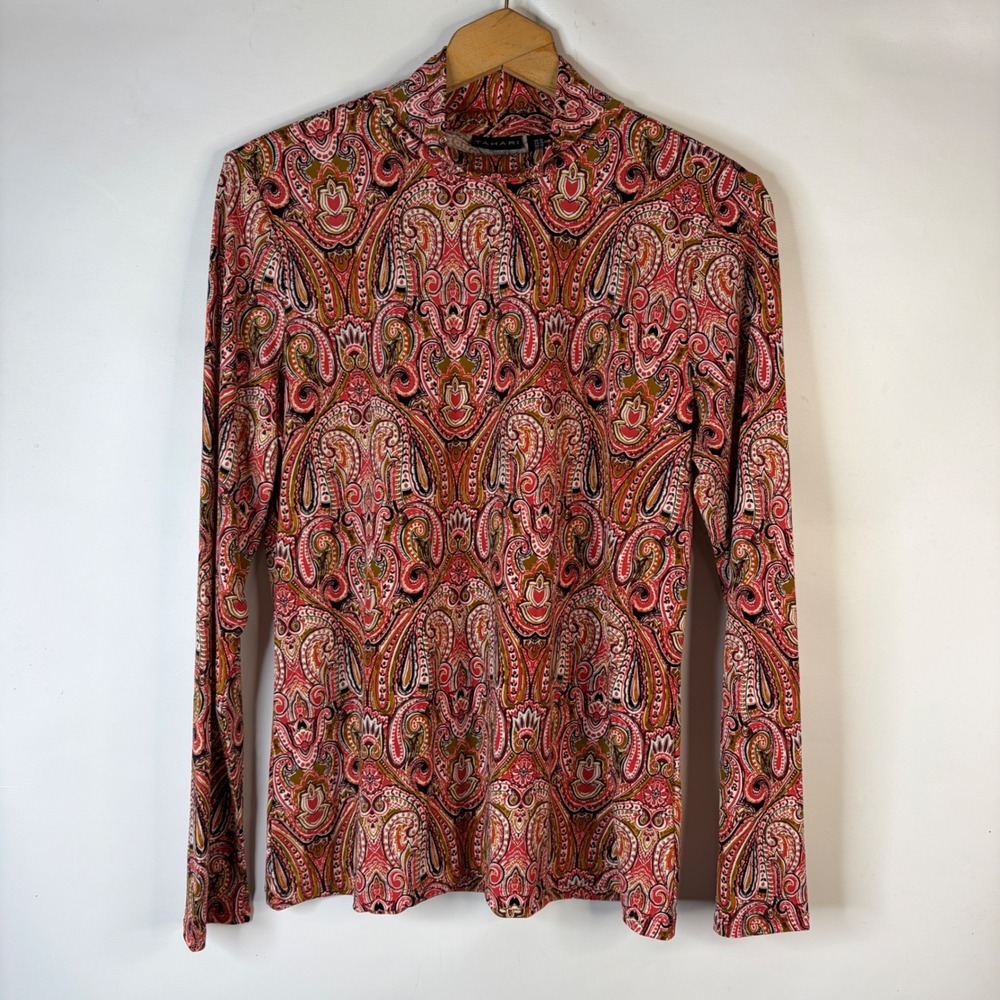 Tahari Mock Neck Top Womens XL Pink Paisley Long Sleeve Stretch Blouse